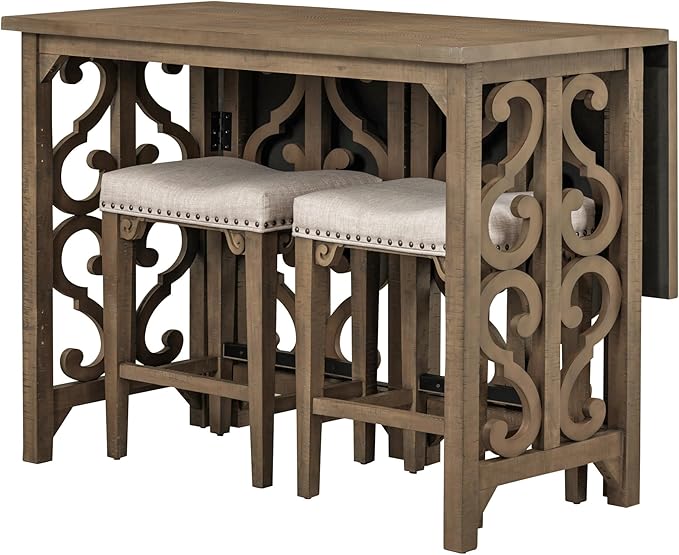 Extendable Dining 3-Piece Retro Solid Wood Counter Height Pub Set with Foldable Table and 2 Saddle Stools Brown for Kitchen and Small Spaces,Distressed - LeafyLoom