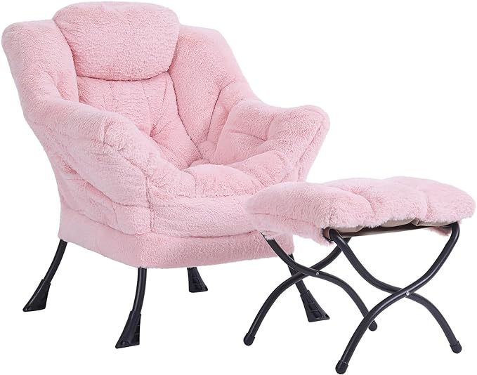 Plush Lazy Chair and Ottoman, Large Contemporary Accent Lounge Chair with Armrests and a Side Pocket, Modern Leisure Upholstered Sofa Reading Armchair with Footrest for Bedroom, Living Room - LeafyLoom