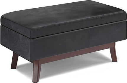 SIMPLIHOME Owen 36 inch Wide Rectangle Small Rectangular Storage Ottoman in Distressed Black Faux Leather, for the Living Room, Family Room and Entryway - LeafyLoom