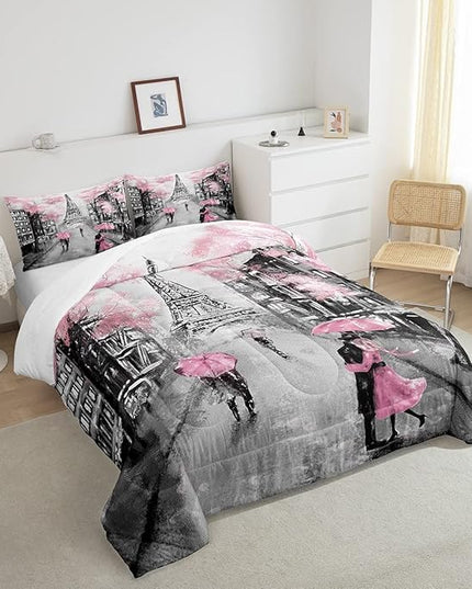 Pink Paris Bedroom Comforter Set Queen,Pink Grey Eiffel Tower Bedding Set For Teens Girls Paris Themed Room Decor,Watercolor Cherry Blossoms Couple Women Retro Dark Gray Quilt Comforter 2 Pillow Cases - LeafyLoom