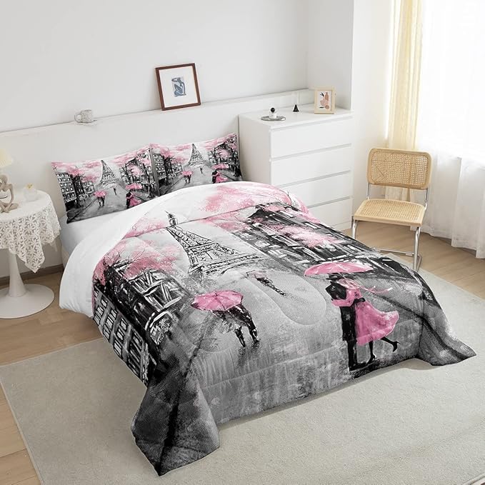 Paris Comforter Set French Eiffel Tower Bedding Sets Twin for Girls Kids Women Paris Themed Bedroom Decor Watercolor Cherry Blossoms Comforter Couple Retro Gray Building Quilted Duvet Pink Grey 2 Pcs - LeafyLoom