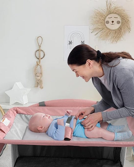 5 in 1 Baby Crib, Bedside Cribs, Pack and Play with Bassinet and Changing Table, Portable Travel Baby Playpen with Toys & Music Box,Mattress for Girl Boy Infant Newborn (Pink) - LeafyLoom