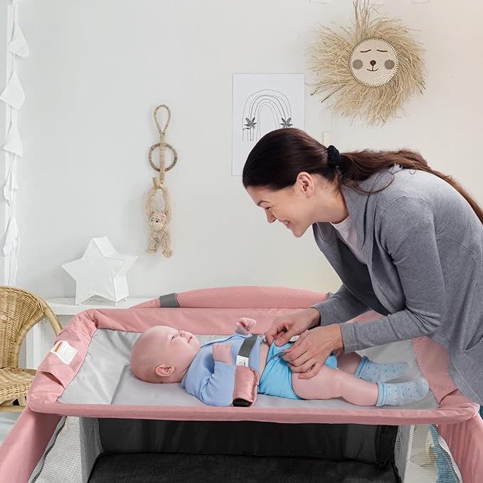5 in 1 Baby Crib, Bedside Cribs, Pack and Play with Bassinet and Changing Table, Portable Travel Baby Playpen with Toys & Music Box,Mattress for Girl Boy Infant Newborn (Pink) - LeafyLoom