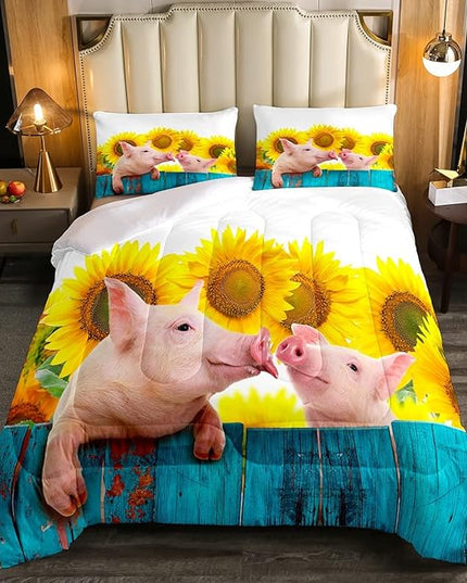 Pig Comforter Set Queen Sunflower Bedding Set For Kids Boys Girls Farmhouse Animals Duvet Set Funny Cute Pig Quilt Set Rustic Country Plant Floral Comforter Set Turquoise Wooden Comforter Set - LeafyLoom