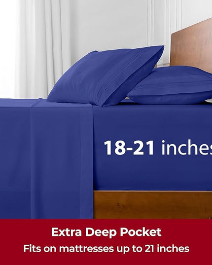 Mellanni Extra Deep King Sheets - 4 PC Iconic Collection Bedding Sheets & Pillowcases - Hotel Luxury, Ultra Soft, Cooling Bed Sheets - Extra Deep Pocket up to 21 inch (King, Royal Blue) - LeafyLoom