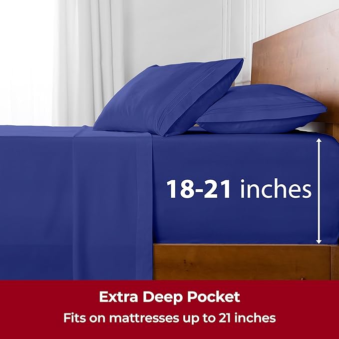 Mellanni Extra Deep King Sheets - 4 PC Iconic Collection Bedding Sheets & Pillowcases - Hotel Luxury, Ultra Soft, Cooling Bed Sheets - Extra Deep Pocket up to 21 inch (King, Royal Blue) - LeafyLoom