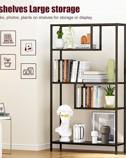 HOME BI Geometric Bookshelf, Tall Modern Etagere Bookcase, Industrial Metal Book Shelf with 5 Open Display Shelves for Office Living Room, Black - LeafyLoom