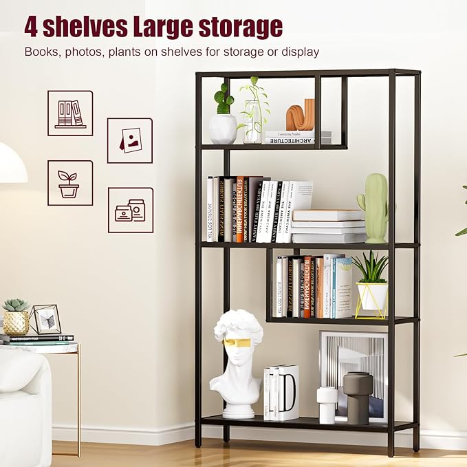 HOME BI Geometric Bookshelf, Tall Modern Etagere Bookcase, Industrial Metal Book Shelf with 5 Open Display Shelves for Office Living Room, Black - LeafyLoom