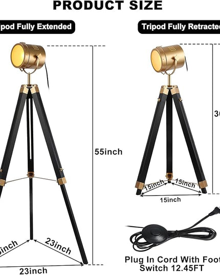 Mordern industrial tripod floor lamp for living room, bedroom office, vintage gold brass standing reading light floor lamp with camera tripod wood, rotatable nautical spotlight floor lamp black - LeafyLoom