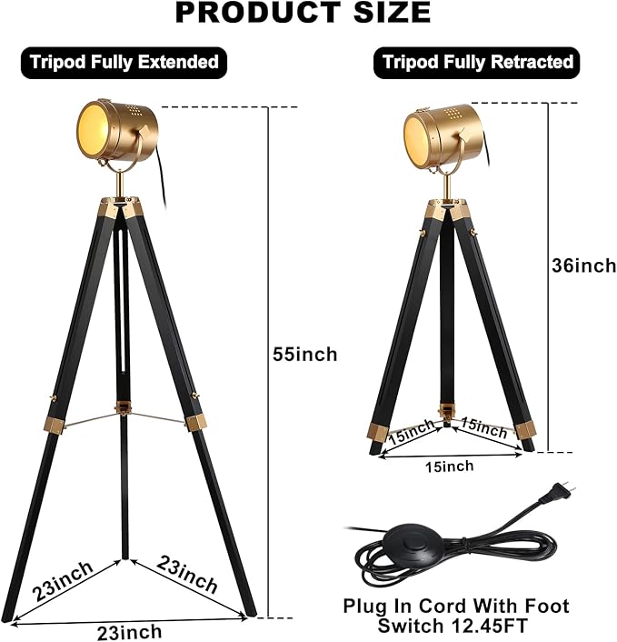 Mordern industrial tripod floor lamp for living room, bedroom office, vintage gold brass standing reading light floor lamp with camera tripod wood, rotatable nautical spotlight floor lamp black - LeafyLoom