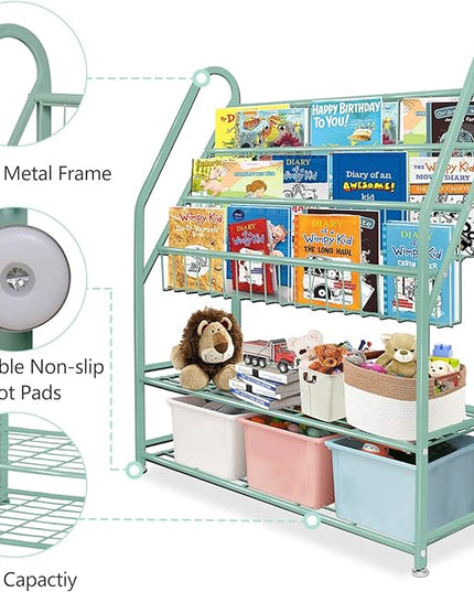 aboxoo Metal Kids Bookshelf Green Freestanding for Children Room 32 in Toy Organizer Book Unit Storage Large Green Stable Bookcase Bookstore Living Room Bed Room Library - LeafyLoom