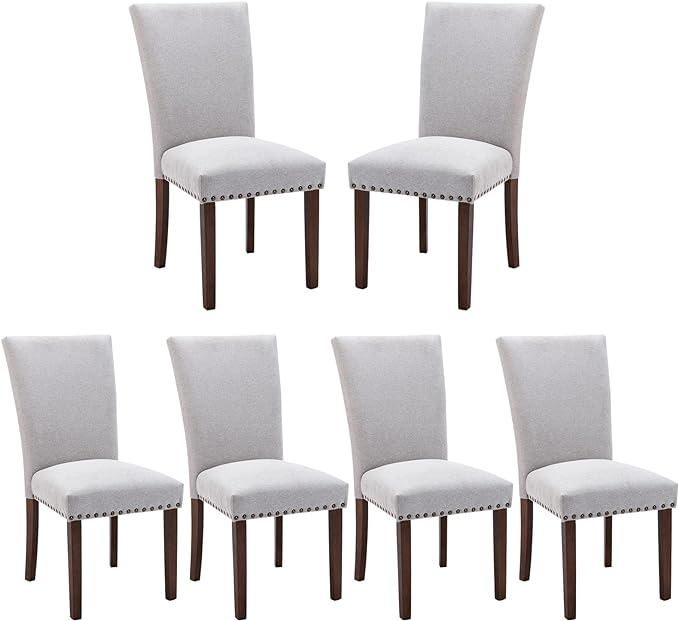 COLAMY Upholstered Parsons Dining Chairs Set of 6, Fabric Dining Room Kitchen Side Chair with Nailhead Trim and Wood Legs - Light Grey - LeafyLoom
