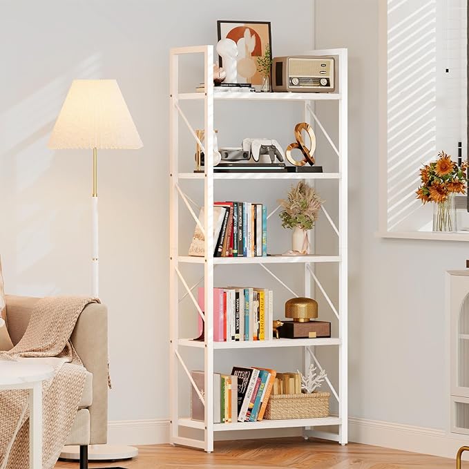 DWVO 5 Tier Bookshelf, White Book Shelf Modern Bookcase, Display Rack Book Storage Organizer for CD/Movie/Book, Bookshelves for Bedroom Office Living Room, White - LeafyLoom