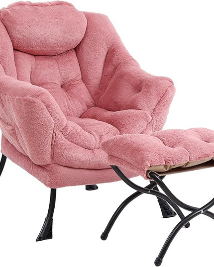 Lazy Chair with Ottoman, Modern Chair with Folding Footrest, Lounge Accent Chair, Comfortable Reading Chair (Plush Dark Pink) - LeafyLoom