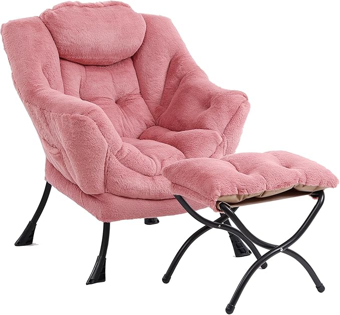 Lazy Chair with Ottoman, Modern Chair with Folding Footrest, Lounge Accent Chair, Comfortable Reading Chair (Plush Dark Pink) - LeafyLoom