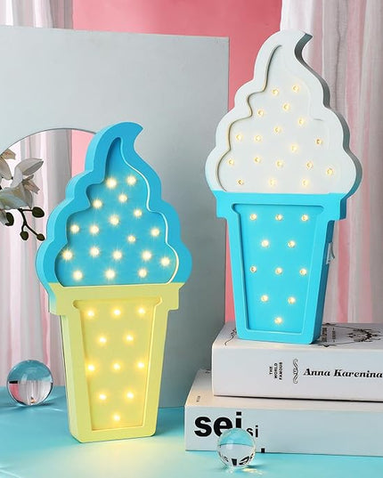 2 Pcs Ice Cream Valentine Romance Atmosphere Light Wooden Ice Cream LED Night Light Ice Cream Theme Valentine Romance Lamps Battery Operated LED Night Lights for Party (White-Blue, Blue-Yellow) - LeafyLoom