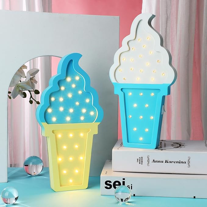 2 Pcs Ice Cream Valentine Romance Atmosphere Light Wooden Ice Cream LED Night Light Ice Cream Theme Valentine Romance Lamps Battery Operated LED Night Lights for Party (White-Blue, Blue-Yellow) - LeafyLoom