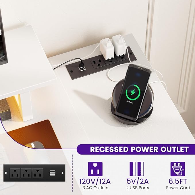 Homieasy L Shaped Gaming Desk with Power Outlet & LED Light, 55 Inch Computer Desk with Storage Shelves, Reversible Corner Desk with Monitor Stand Headset Hooks for Home Office, White - LeafyLoom