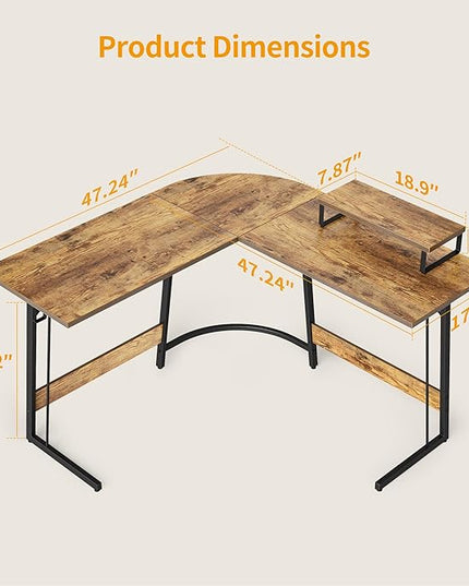 BANTI L Shaped Gaming Computer Office Desk, 47" Corner Desk with Monitor Stand for Home Office Study Writing Workstation,Deep Brown - LeafyLoom