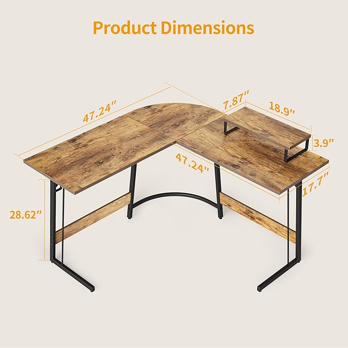 BANTI L Shaped Gaming Computer Office Desk, 47" Corner Desk with Monitor Stand for Home Office Study Writing Workstation,Deep Brown - LeafyLoom