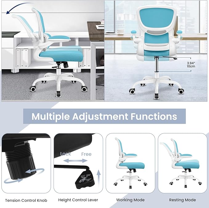 Office Chair, Ergonomic Desk Chair with Lumbar Support and Adjustable Armrests, Comfy Desk Chair Breathable Mesh Mid Back Computer Chair, Reclining Office Chair for Home Office - Blue - LeafyLoom