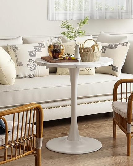 White Marble Round Table Modern Dining Table Marble Texture Tulip Round Kitchen Table Mid Century Coffee Table for Living Room 24 inch - LeafyLoom