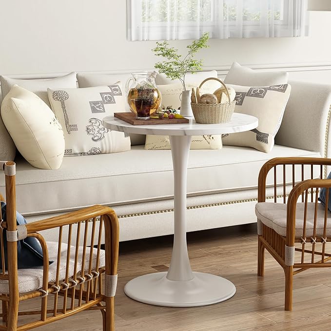 White Marble Round Table Modern Dining Table Marble Texture Tulip Round Kitchen Table Mid Century Coffee Table for Living Room 24 inch - LeafyLoom