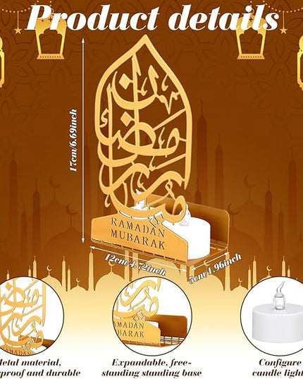 Eid Crafts Night Light 3D Metal Ramadan Eid Mubarak Ornaments Ramadan Decorations Ramadan Table Decor Ramadan Mubarak Light with 2 LED Candles for Home Eid Party Supplies (Vintage) - LeafyLoom