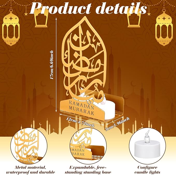 Eid Crafts Night Light 3D Metal Ramadan Eid Mubarak Ornaments Ramadan Decorations Ramadan Table Decor Ramadan Mubarak Light with 2 LED Candles for Home Eid Party Supplies (Vintage) - LeafyLoom