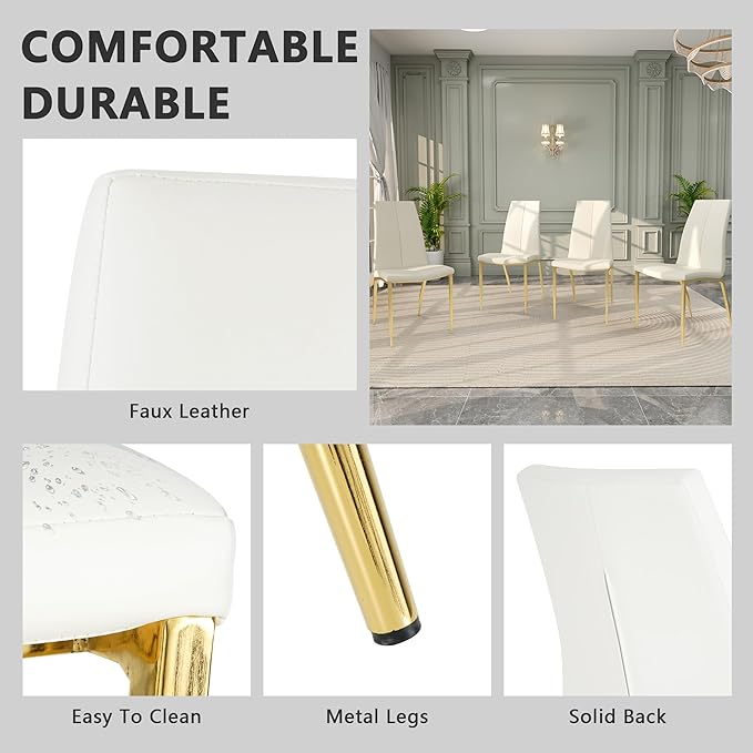 Modern Faux Leather Dining Chairs Set of 4, Padded Seat Dining Side Chairs, Upholstered Chair with Metal Legs for Kitchen, Living Room, Dining Room, White Chairs+Gold Legs - LeafyLoom