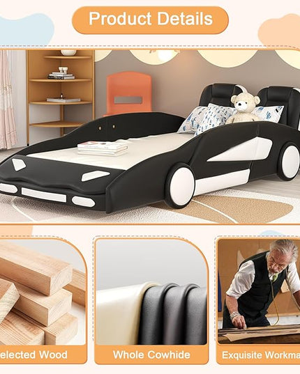 Twin Size Race Car-Shaped Bed Frame for Kids, Wooden Platform Bed with Guardrail and Upholstered Headboard, Wheels and Support Slats, for Boys Girls Child's Bedroom, No Spring Need (Black) - LeafyLoom