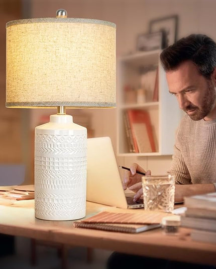 White Ceramic Table Lamp with Beige Shade: 3-Way Dimmable Night Stand Light Lamp 24.5" Modern Table Lamps for Living Room Bedroom End Table Office Entryway Lamps (Bulb Included - LeafyLoom