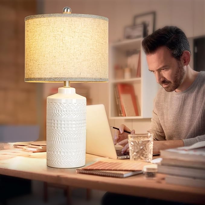 White Ceramic Table Lamp with Beige Shade: 3-Way Dimmable Night Stand Light Lamp 24.5" Modern Table Lamps for Living Room Bedroom End Table Office Entryway Lamps (Bulb Included - LeafyLoom