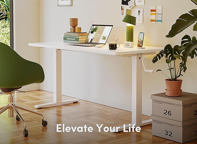 FEZIBO Crank Height Adjustable Desk, 55 Inches Manual Standing Desk, Writing Table with Handle, Home Office Desk with White Frame/White Table Top - LeafyLoom