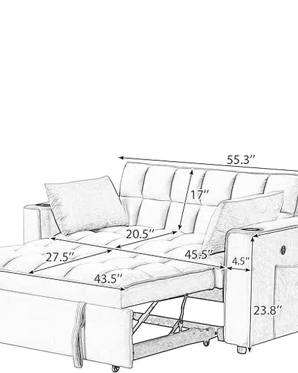 Convertible Sleeper Couch Bed, Black w/ 2 Cup Holder and USB Port - LeafyLoom