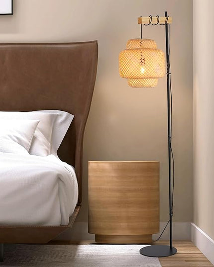 Unique Farmhouse Floor Lamp for Living room, Bedroom and Office, Original Handmade Bamboo Rattan Shade Tall Standing Light Black , Modern Vintage Rustic Rural Décor(No Bulbs) - LeafyLoom