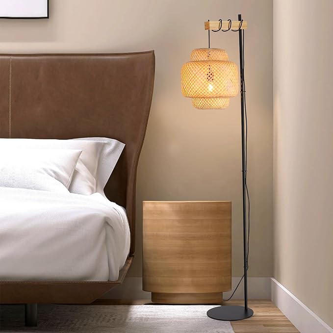 Unique Farmhouse Floor Lamp for Living room, Bedroom and Office, Original Handmade Bamboo Rattan Shade Tall Standing Light Black , Modern Vintage Rustic Rural Décor(No Bulbs) - LeafyLoom