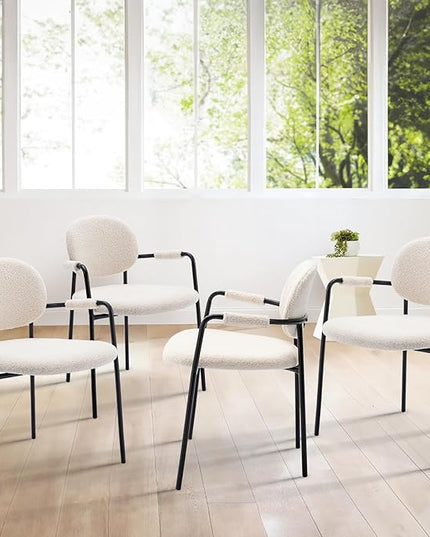 COLAMY Dining Chairs Set of 4, Boucle Dining Chairs with Arms, Comfy Small Sherpa Dining Armchairs with Back for Kitchen, Dining Room, Restaurant, Cream - LeafyLoom