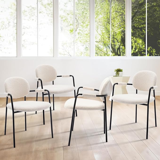 COLAMY Dining Chairs Set of 4, Boucle Dining Chairs with Arms, Comfy Small Sherpa Dining Armchairs with Back for Kitchen, Dining Room, Restaurant, Cream - LeafyLoom