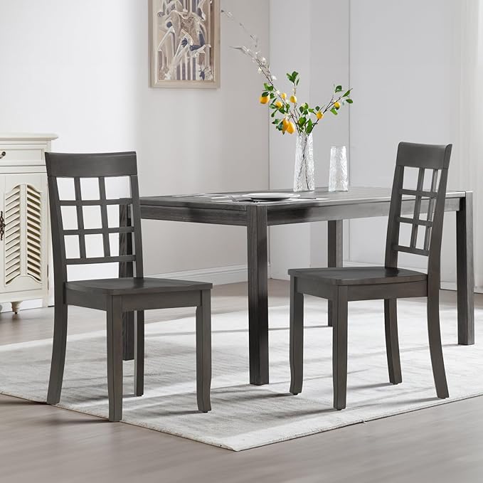COLAMY Wooden Dining Chairs Set of 4, Nine-Square High Back Kitchen Side Chair, Farmhouse Dining Chairs for Kitchen and Dining Room, Dark Grey - LeafyLoom