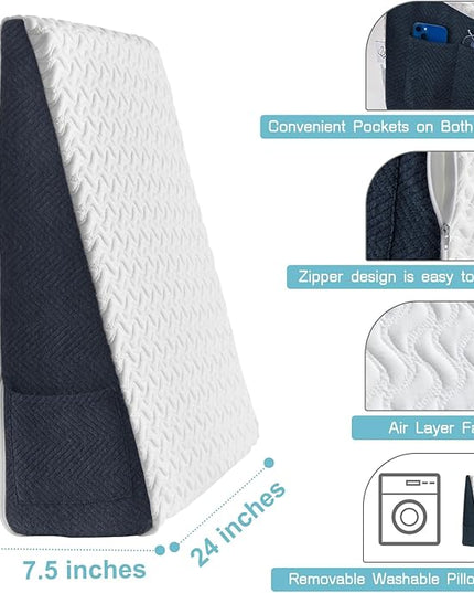 7.5" Bed Wedge Pillow with Cooling Memory Foam Top for Headboard, Triangle Pillow for Sleeping to Relieve Acid Reflux, Heartburn, Snoring and GERD, Reduce Neck and Back Pain - LeafyLoom