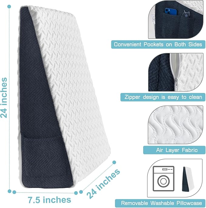 7.5" Bed Wedge Pillow with Cooling Memory Foam Top for Headboard, Triangle Pillow for Sleeping to Relieve Acid Reflux, Heartburn, Snoring and GERD, Reduce Neck and Back Pain - LeafyLoom