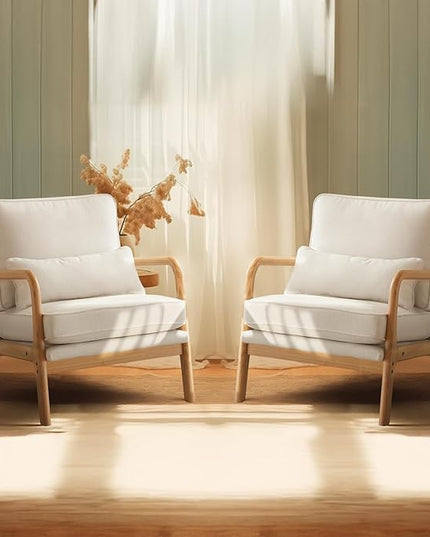 Bonnlo Coarse Beige Accent Chairs Set of 2, Upholstered Mid Century Modern Lounge Fabric Chairs Reading Chairs Side Sitting Chair Solid Wood Farmhouse Armchairs for Living Room, Bedroom, Guest Room - LeafyLoom