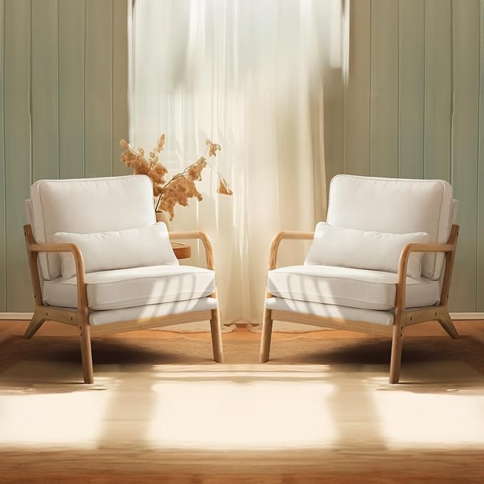 Bonnlo Coarse Beige Accent Chairs Set of 2, Upholstered Mid Century Modern Lounge Fabric Chairs Reading Chairs Side Sitting Chair Solid Wood Farmhouse Armchairs for Living Room, Bedroom, Guest Room - LeafyLoom