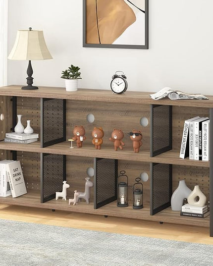 LVB Industrial Horizontal Bookshelf, 4 5 6 7 8 Cube Storage Organizer Bookcase, Modern Wide Large Book Shelf for Bedroom Living Room, Rustic Low Long Wood Metal Office Cubby Shelf, Rustic Oak, 63 Inch - LeafyLoom