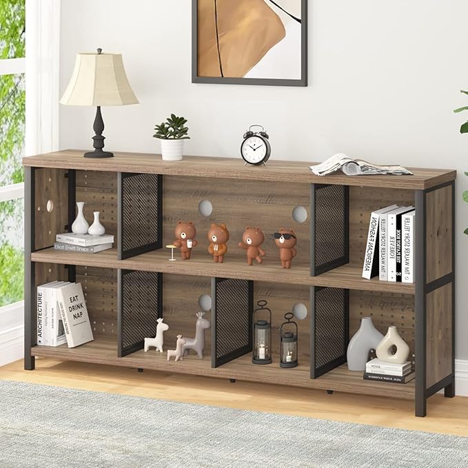 LVB Industrial Horizontal Bookshelf, 4 5 6 7 8 Cube Storage Organizer Bookcase, Modern Wide Large Book Shelf for Bedroom Living Room, Rustic Low Long Wood Metal Office Cubby Shelf, Rustic Oak, 63 Inch - LeafyLoom