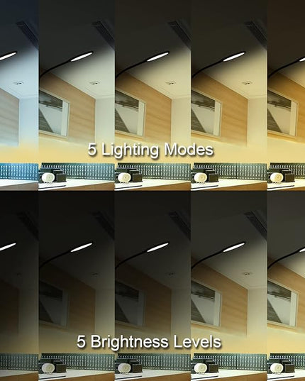 LED Desk lamp with Clamp, Eye-Caring Clip on Lamp for Home Office, 5 Lighting Modes with 5 Brightness Levels, Flexible Gooseneck Swing Arm Architect Task Table Lamps - LeafyLoom