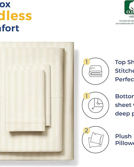 THREAD SPREAD Luxury Egyptian Cotton King Stripe Sheet Set, 600 Thread Count Extra Long Staple 4 PC Set, King Damask Sheets, Soft, Cooling Sateen Weave Striped Sheets Upto 18" Deep Pocket - Ivory - LeafyLoom