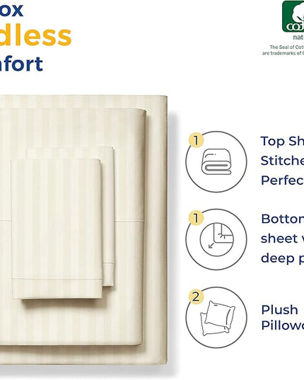 THREAD SPREAD Luxury Egyptian Cotton California King Stripe Sheet Set, 600 Thread Count Extra Long Staple 4 PC Set, Cal King Stripe Sheets, Soft, Cooling Striped Sheets Upto 18" Deep Pocket - Ivory - LeafyLoom