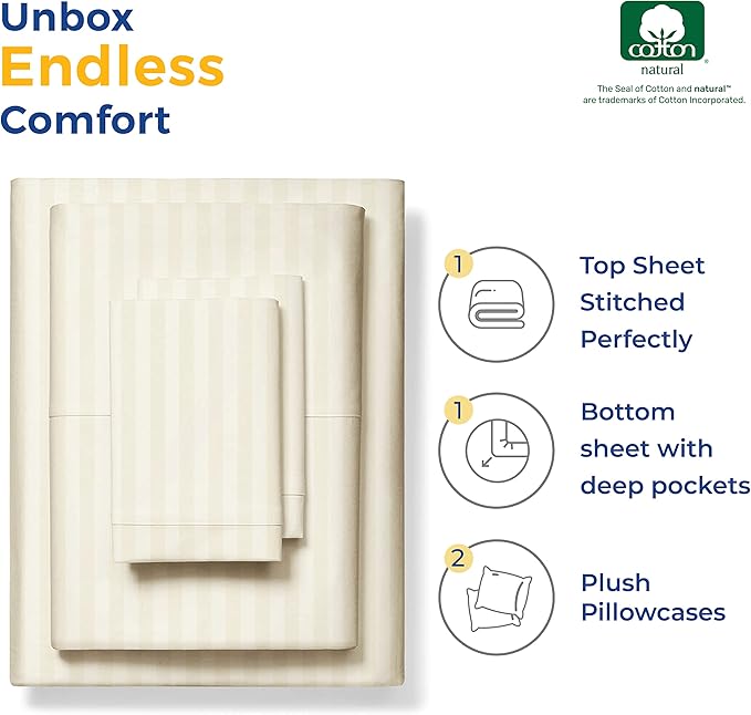 THREAD SPREAD Luxury Egyptian Cotton Queen Stripe Sheet Set, 600 Thread Count Extra Long Staple 4 PC Set, Queen Damask Sheets, Soft, Cooling Sateen Weave Striped Sheets Upto 18" Deep Pocket - Ivory - LeafyLoom